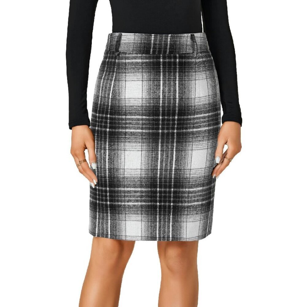 Wool Plaid High Waist Zipper Pencil Midi Skirt Knee Length